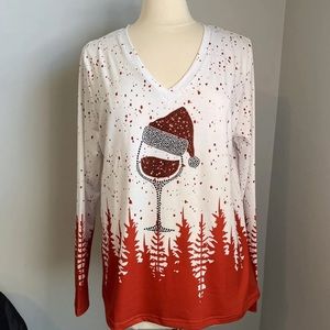 NWT Long Sleeve V-Neck Christmas Shirt with Wine glass & Santa Hat - Large